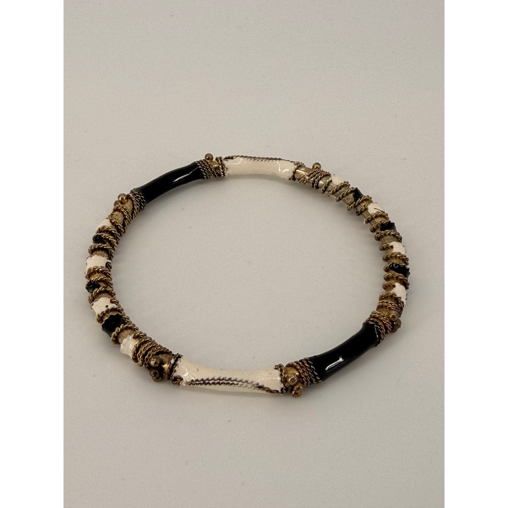 Vintage Black White Enamel Wire Wrapped Bangle Bracelet Gold Tone Artisan Boho